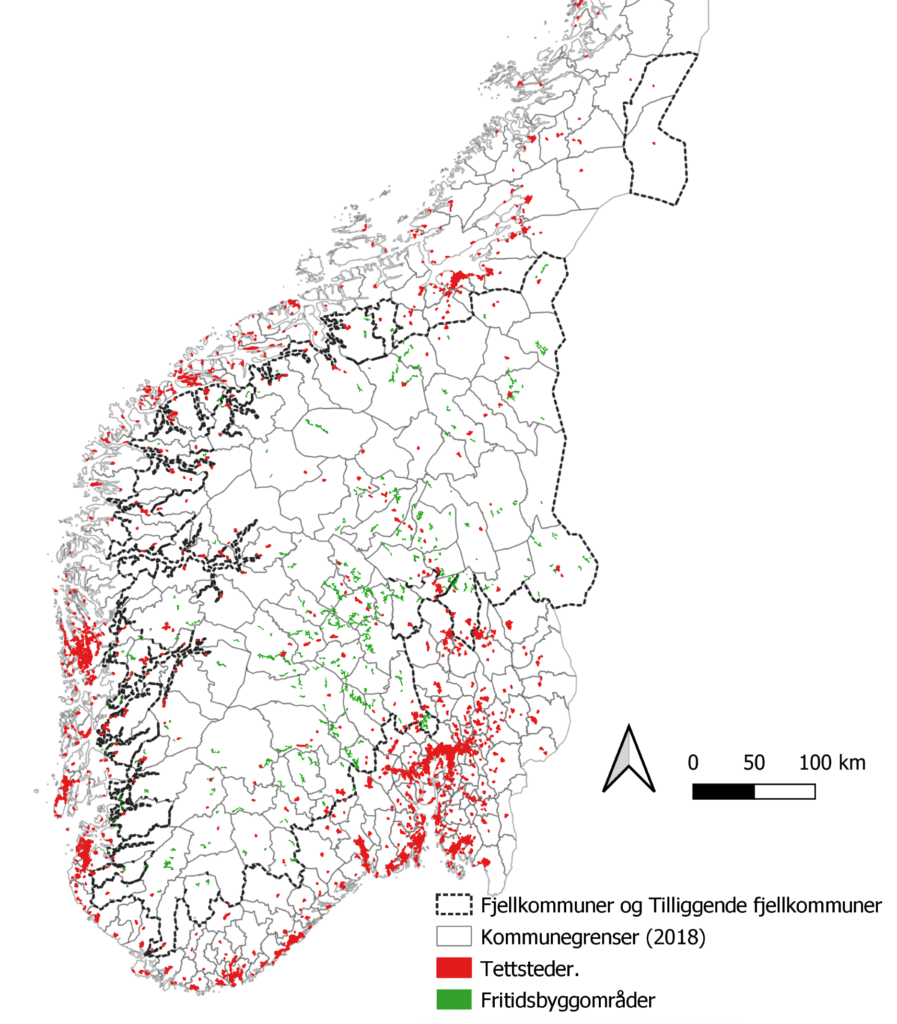 Norgeskart med røde prikker som er tettsteder og byer, grønne prikker som er hytter